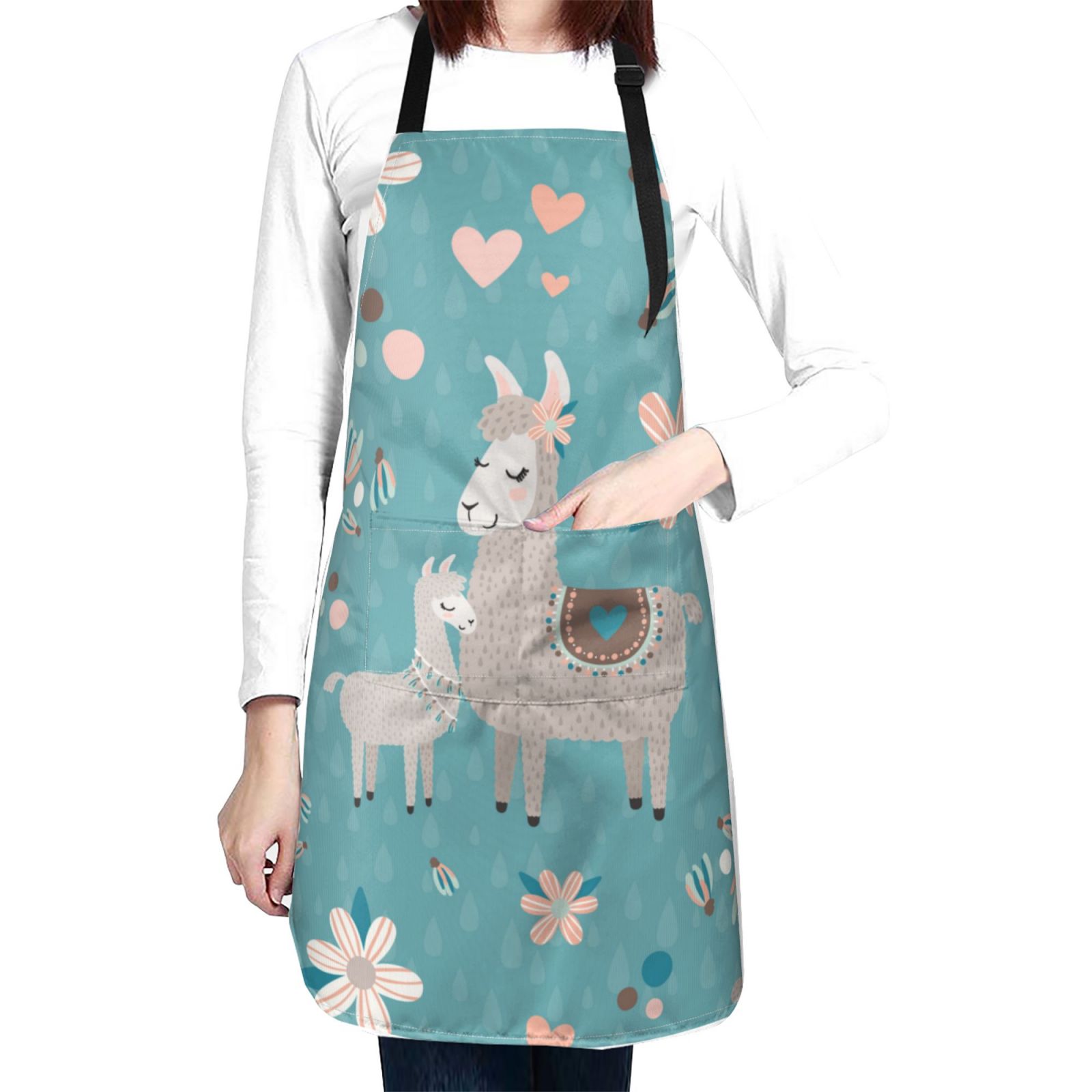 Kdxio Teal Mama Llama Apron with Pockets Adjustable Kitchen Aprons for Men Women Waterproof Aprons for Cooking,Drawing,Crafting, Baking Household Cleaning