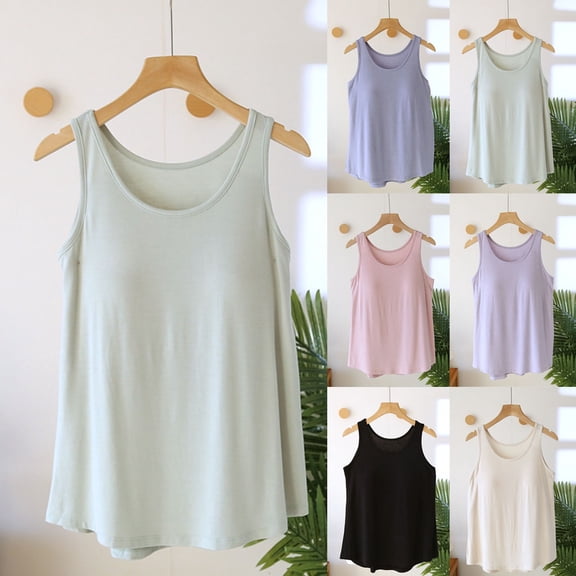 Aboser Womens Built in Bras Pajama Tops Summer Casual Sleeveless Sleep Shirt Soft Lightweight Basic Tees Breathable Crewneck Pjs Tank Top