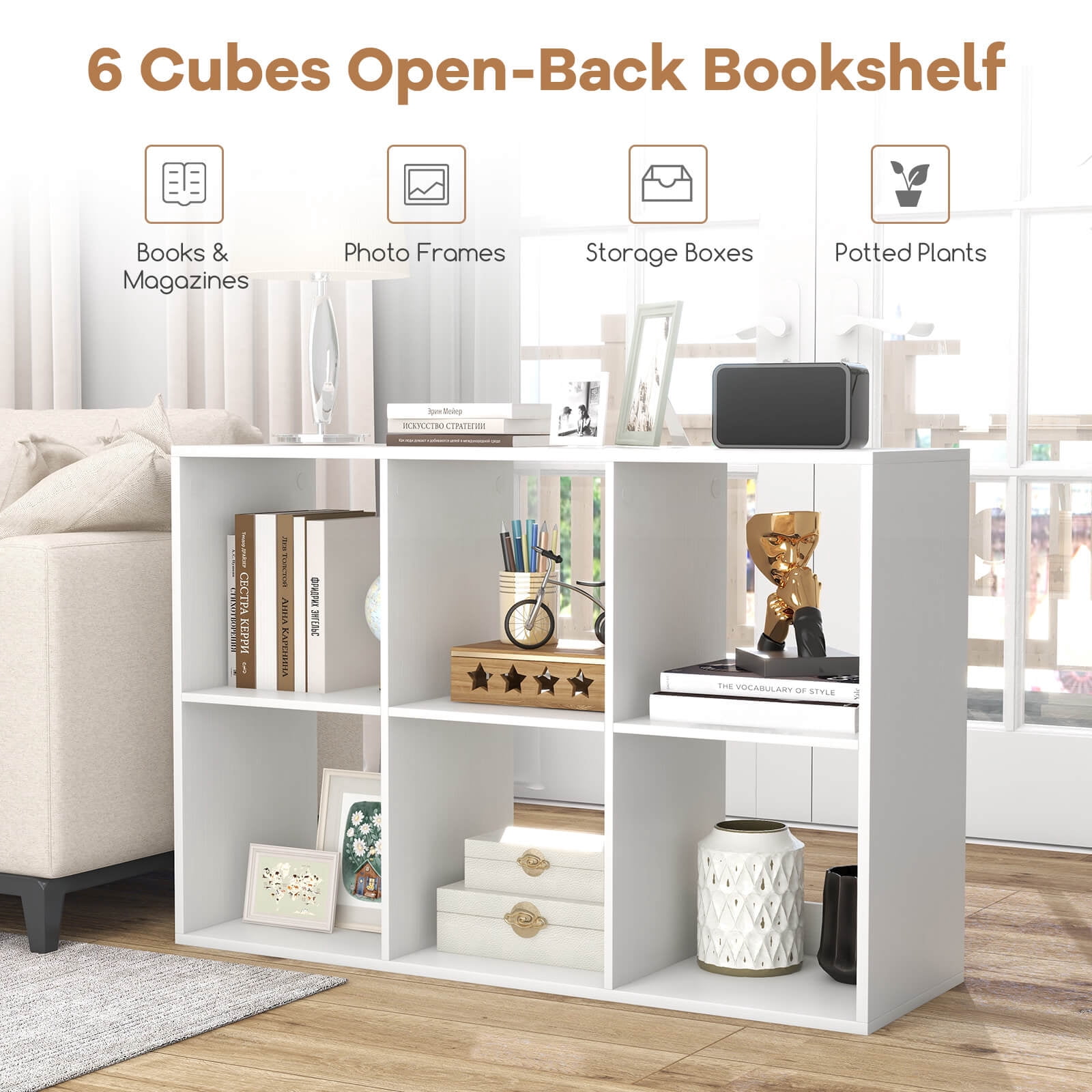 Costway 6-Cube Open Bookshelf with Anti-tip Kits Home Modern Style Storage Shelf for Study White