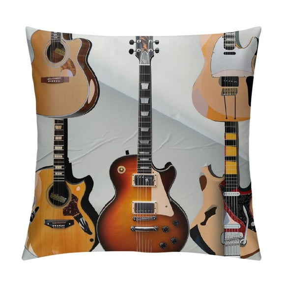 Fenyluxe  Guitar Pillow Sham, Wide Variety of String Instruments Realistic Musical Pattern Jazz Bluescoustic, Decorative Size Printed Pillowcase 12x12in