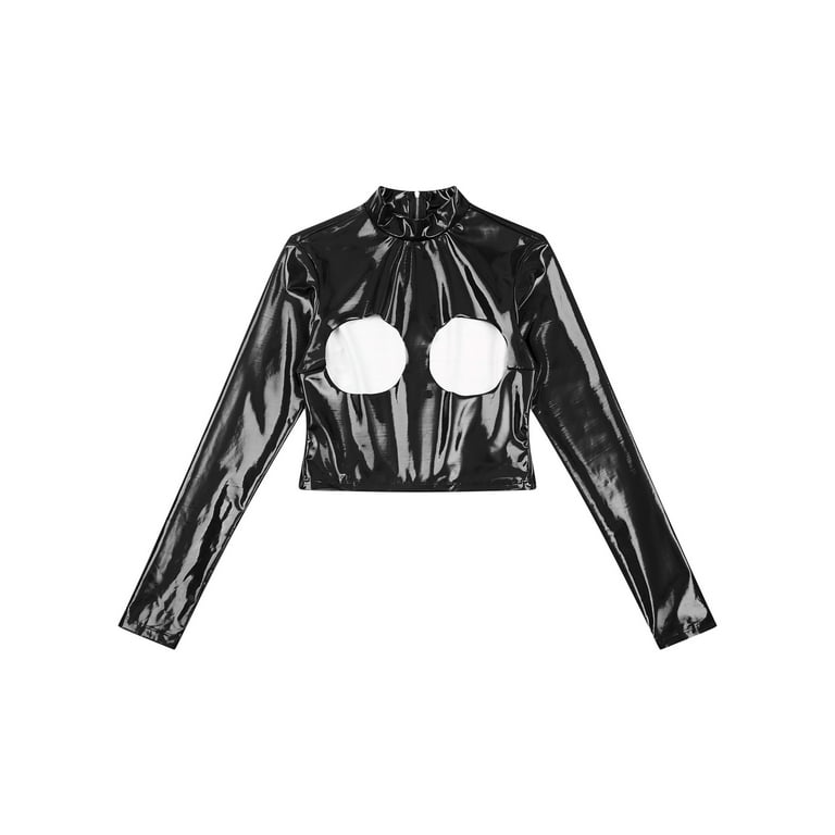 YIZYIF Womens Glossy Patent Leather Crop Top Mock Neck