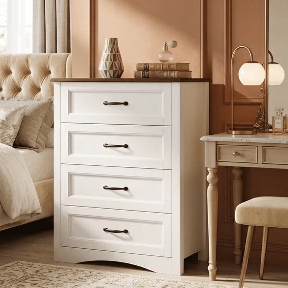 Aiho White Dresser with 4 Drawers, Vertical Storage Dresser for Bedroom, Hallway, Entryway, Closet Organizer, Nightstand Bedside Table Furniture,Retro