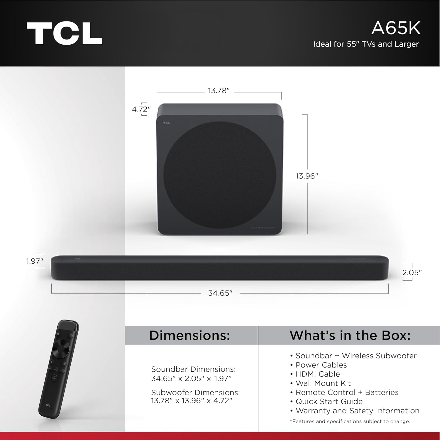 TCL 3.1.2 Channel Soundbar (NEW 2026) - Audio by Bang & Olufsen, Dolby Atmos, Up-Firing Speakers, Wireless Subwoofer, Bluetooth Music Streaming, AI Sonic Auto Room Calibration - Design Series, A65K