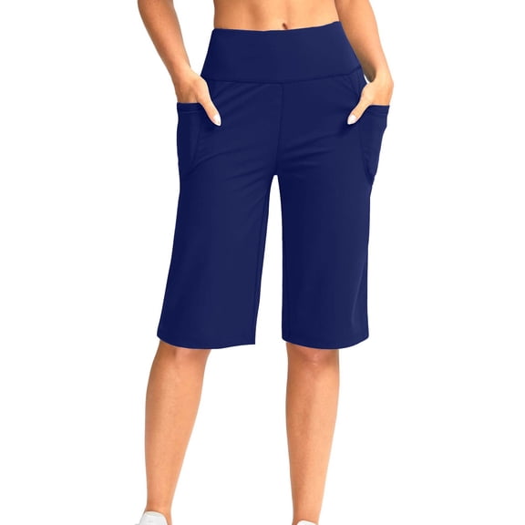 ASDFVBKG Women's 10" Bermuda Shorts with Pockets High Waisted Knee Length Shorts for Women Walking Workout Casual Navy XL
