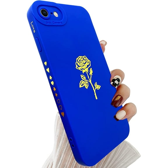 for iPhone SE Case 2022/2020,iPhone 8 Case,iPhone 7 Case 4.7",Cute Plated Rose Gold Flower with Anti-Fall Lens Cover Shell,Soft TPU Shockproof Phone Protection Cases for Women Girls Men,Blue