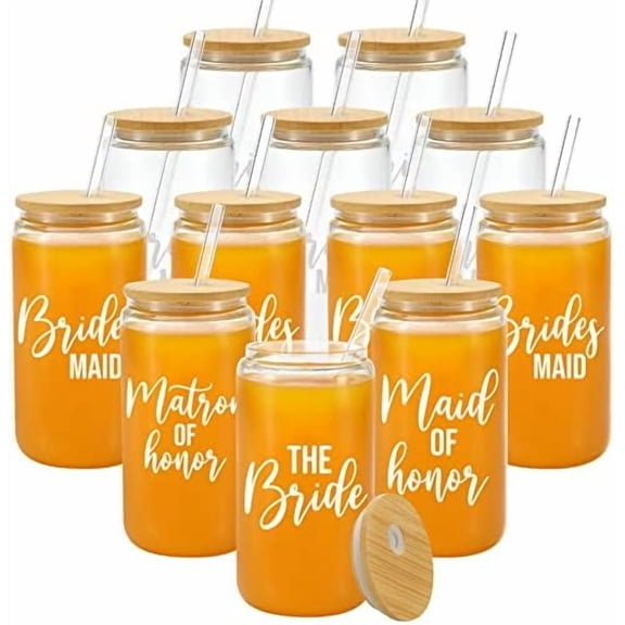 12 Pack Bridesmaid Gifts Beer Glass Can with Bamboo Lids and Glass Straw Drinking Glass Cups Maid of Honor Gift for Engagement Bridal Shower Bachelorette Party 16oz