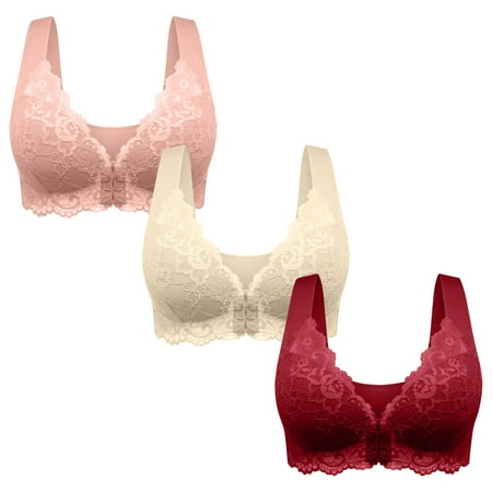 miqiqism 3 PCS Bras for Women  2024 No Underwire Brassiere Summer Breathable Front Closure Bras for Women Push Up Bras Multicolor Medium