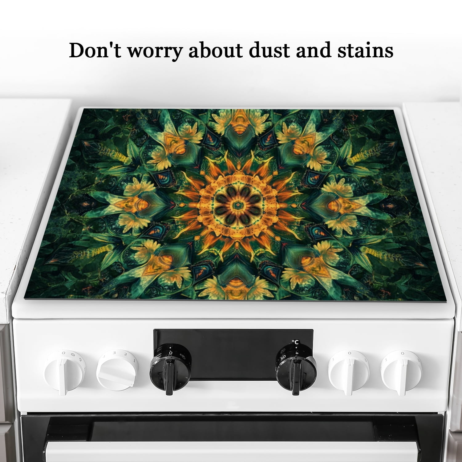 Decorative Stove Top Covers for Electric Stove, Green Mandala Flower Retro Glass Cooktop Covers Mat, Oilproof Waterproof Oilproof Protector Pad for Kitchen RV (28×20 Inch)