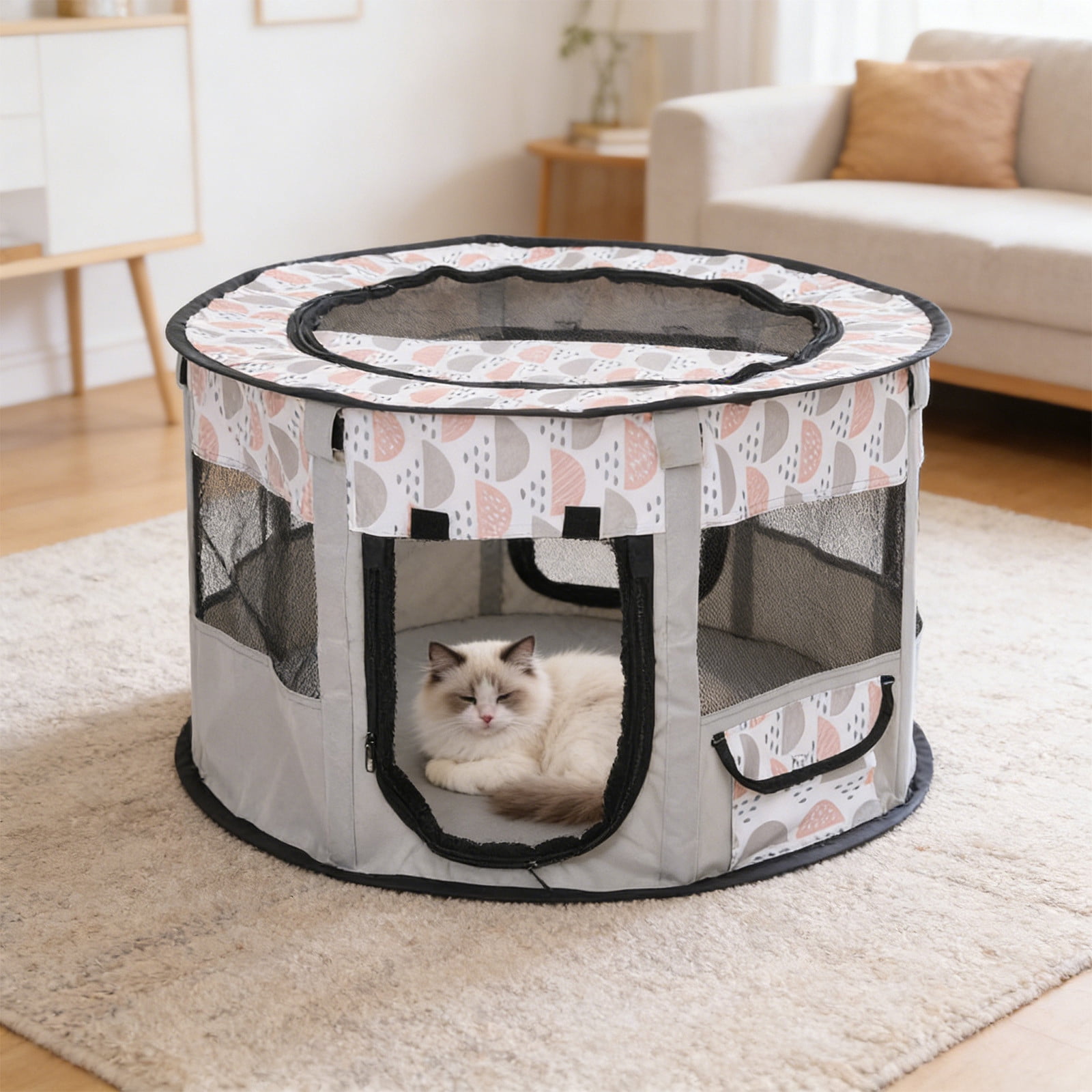 Portable Pet Cat Playpen, Round Cat Cages Indoor Collapsible Dog Crates Tent Kennel Playpen Indoor & Outdoor (Gray)