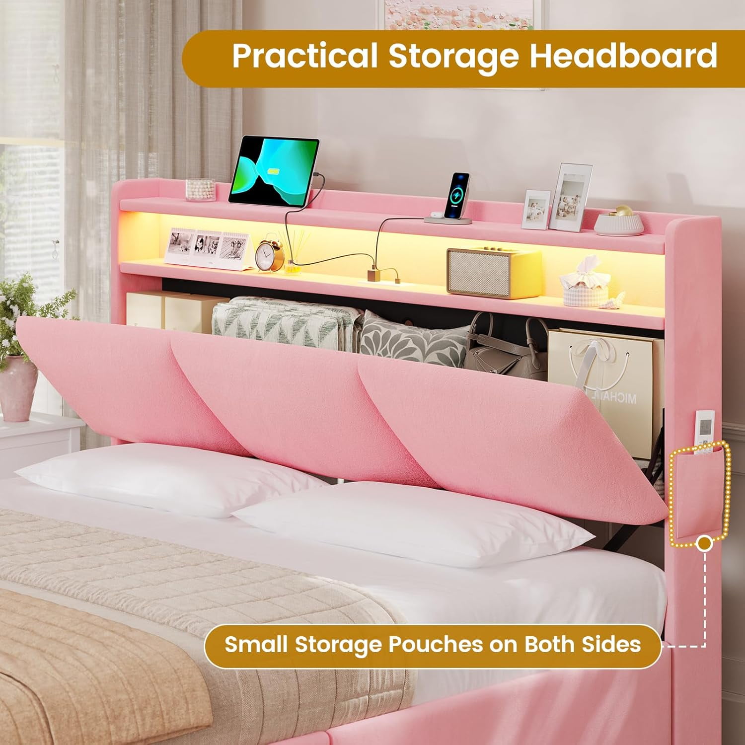 Queen Bed Frame with Storage Headboard and Charging Station, Velvet Upholstered Bed Frame Queen Size with 4 Drawers and LED Lights, Type C and USB, No Box Spring Needed, Pink