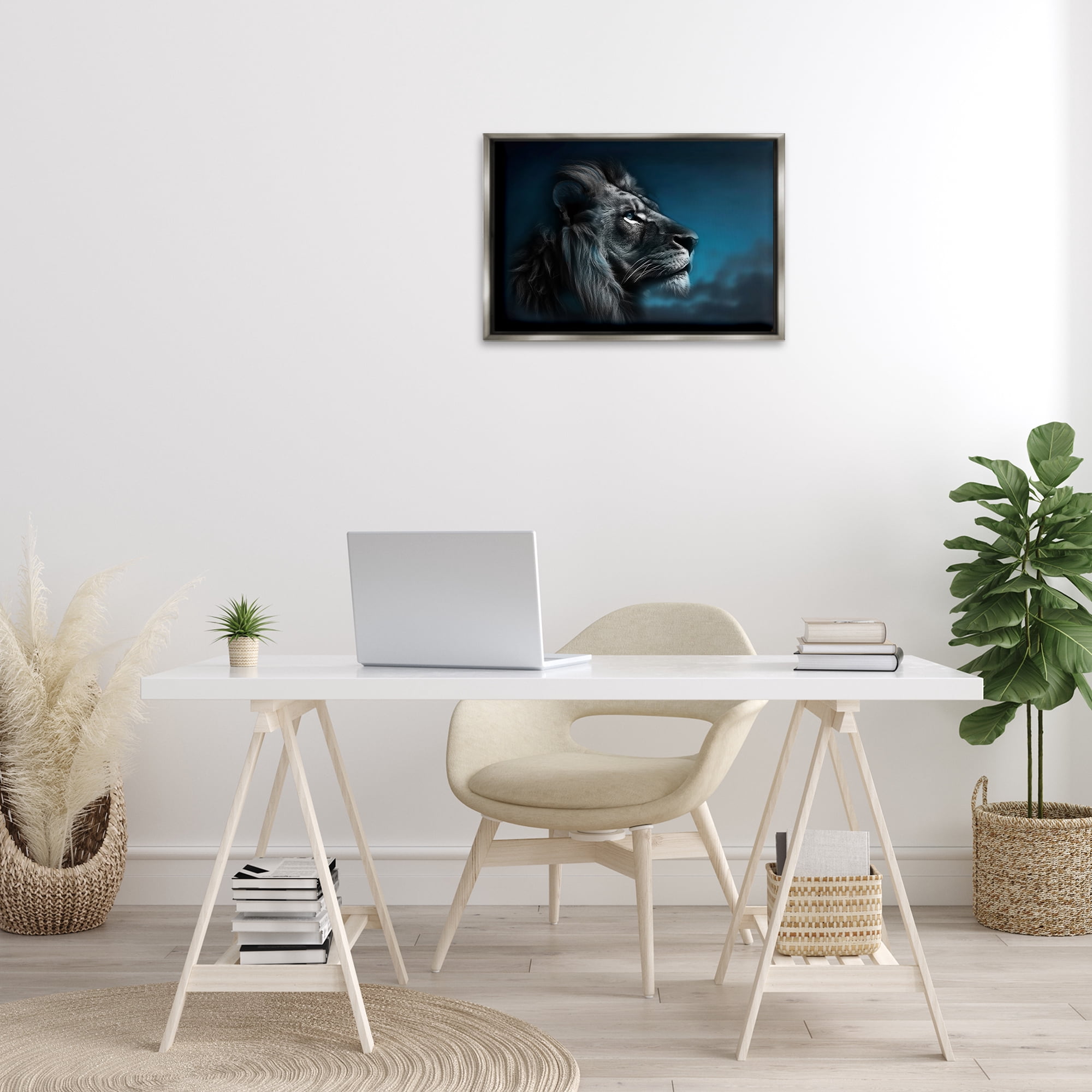 Stupell Industries Intense Gazing Lion Animals & Insects Painting Gray Floater Framed Canvas Art Print Wall Art, 25 x 17