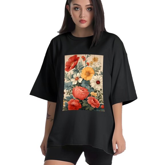 Plus Size Shirt for Women Black Tops for Women Short Sleeves Shirt for Women Flowers T Shirt Crewneck Shirt for Women XS