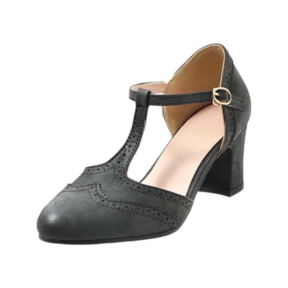Wovix Women Elegant Pumps Classic T-Strap Platform Mid-Heel Square Toe Oxfords Dress Shoes Plaid Breathable Daily Work Shoes