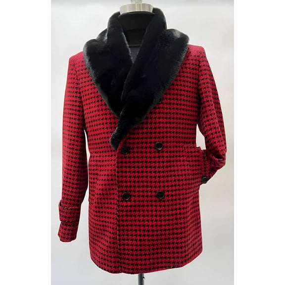 Mens Plaid Overcoat Wool Peacoat Red Plaid Topcoats