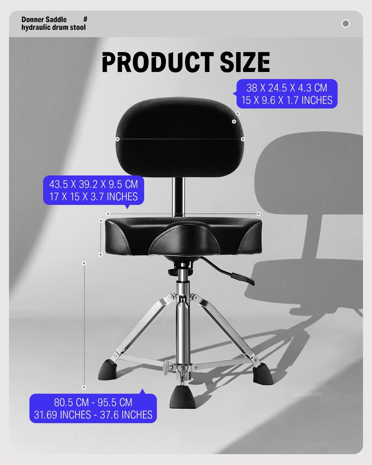 Donner Drum Throne with Backrest, Heavy Duty Hydraulic Guitar Chair Adjustable Guitar Seat Saddle Musician Stool for Adults Drummers, Guitarist
