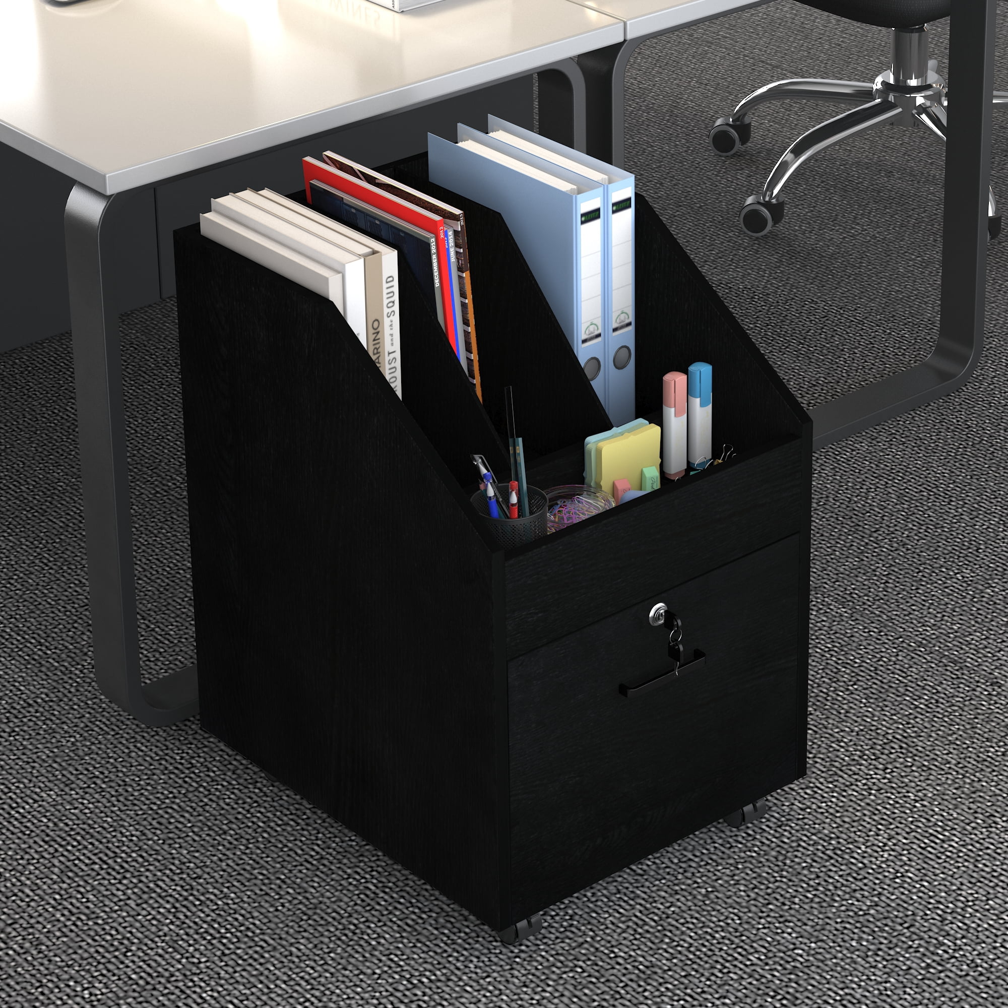 NAIYUFA Mobile File Cabinet with drawers,lock,Rolling Filing Cabinet Wood Storage Shelf for Office Study Room,Black