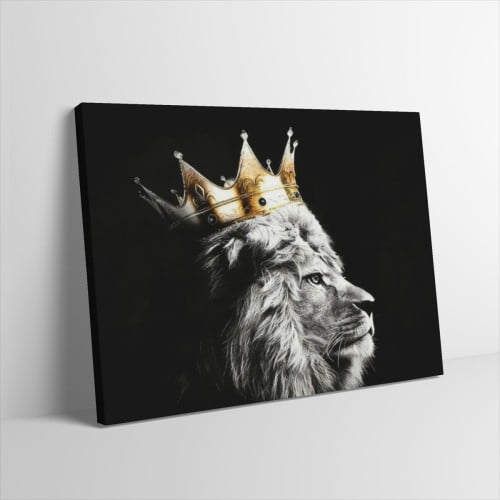 Hidden Frame Canvas Wall Art - Crown Lion Black & White Luxury Bold High-End Popular Wall Decor for Living Room 16x12in