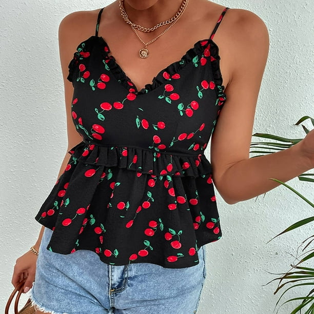 Camiseta sin mangas con tirantes finos para mujer tunica fluida con cuello en V chaleco corto con estampado de cerezas blusa con dobladillo con