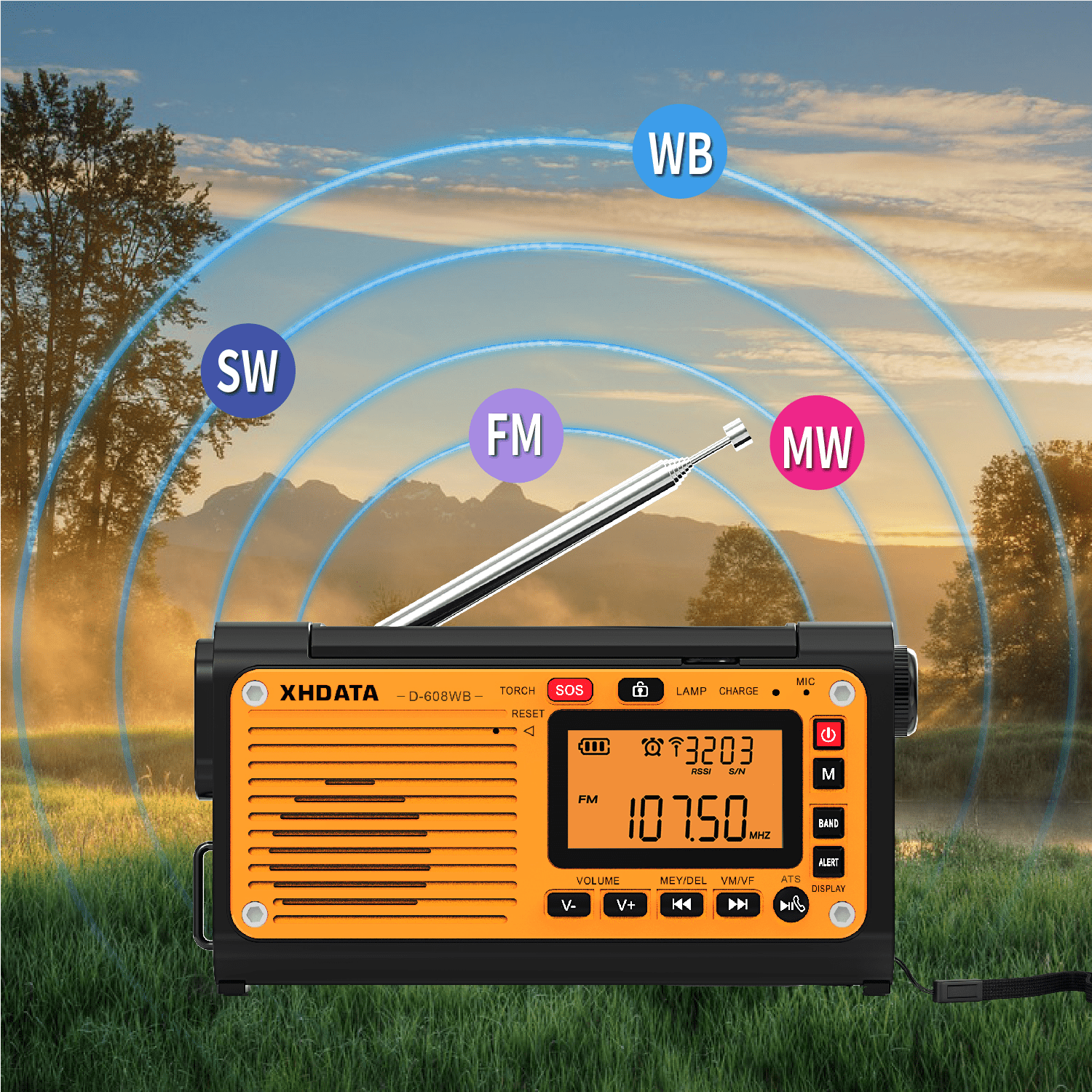 XHDATA D608WB - Emergency Weather Hand Crank Radio FM/AM/SW/NOAA Alert Portable, Bluetooth MP3, USB/Solar/Hand Crank Charging, Flashlight, Reading Lamp and SOS Alarm
