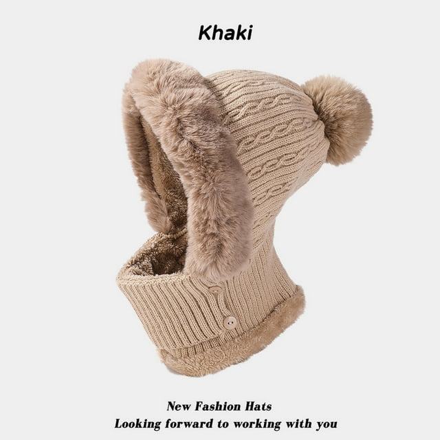 Heating & Warming Winter Knit Scarf Set Thick Lined Cap Ear Ski Hat with Pom for Cold Weather