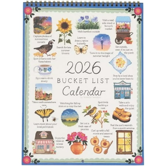 2026 New Bucket List Calendar with lllustrated Pages - Spiral Bound Inspirational Calendar for Goal Setting, Mindful Adventures & Home Office Decor