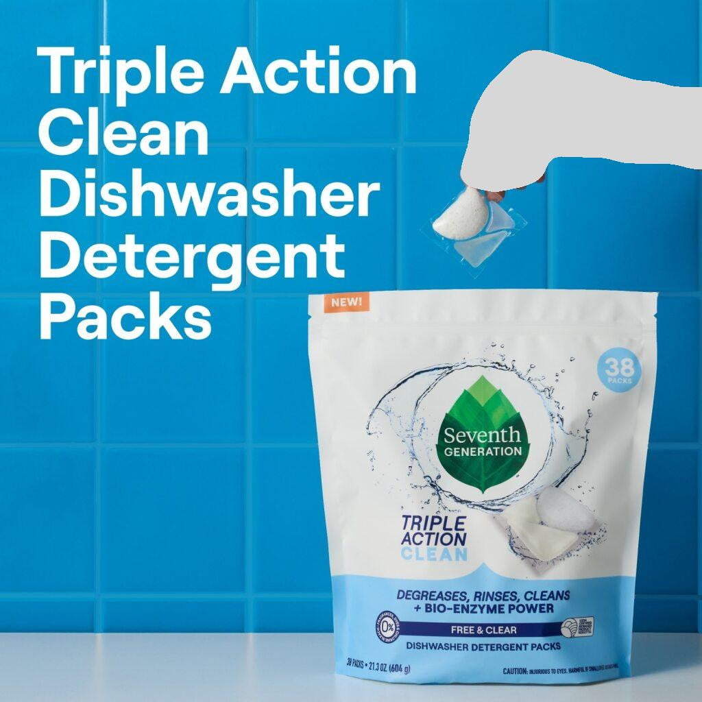 Seventh Generation Dishwasher Detergent Packs, 3-Pack (114 Pods Total), Triple Action Clean, Free & Clear