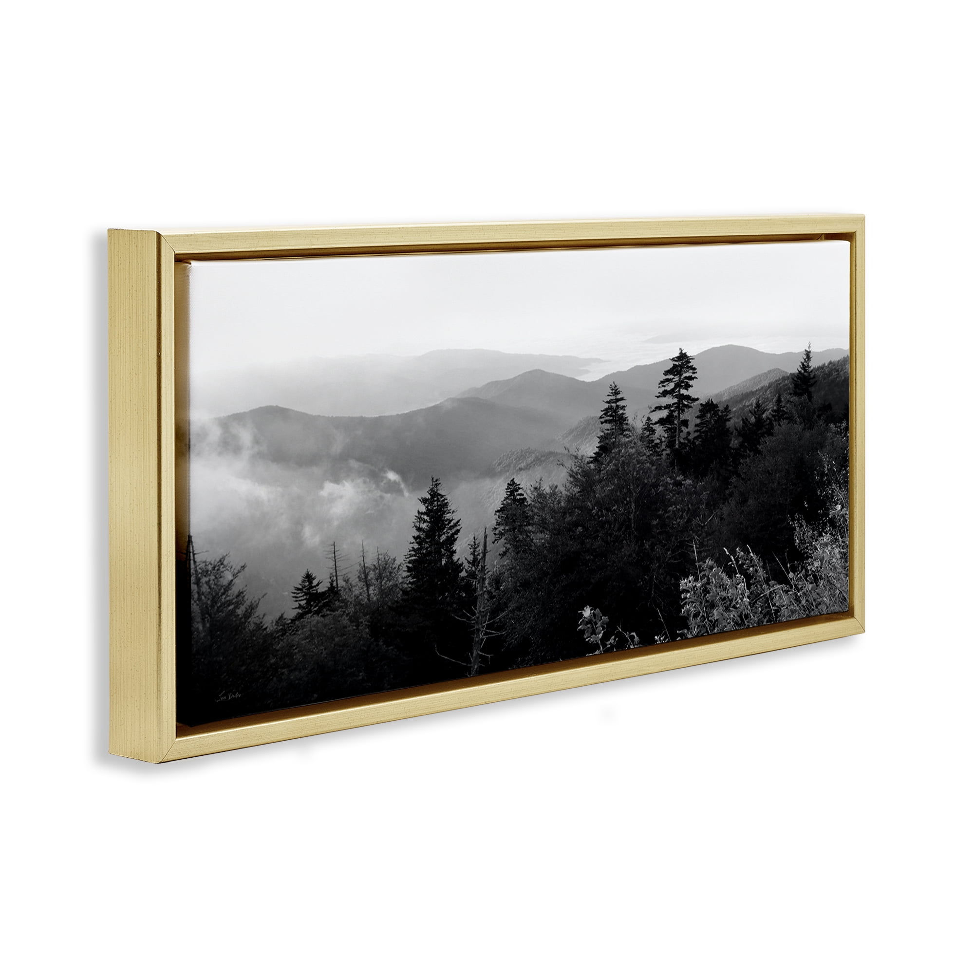 Stupell Industries Mountainous Trees Horizon Landscape & Nature Photography Gold Floater Framed Canvas Art Print Wall Art, 25 x 11