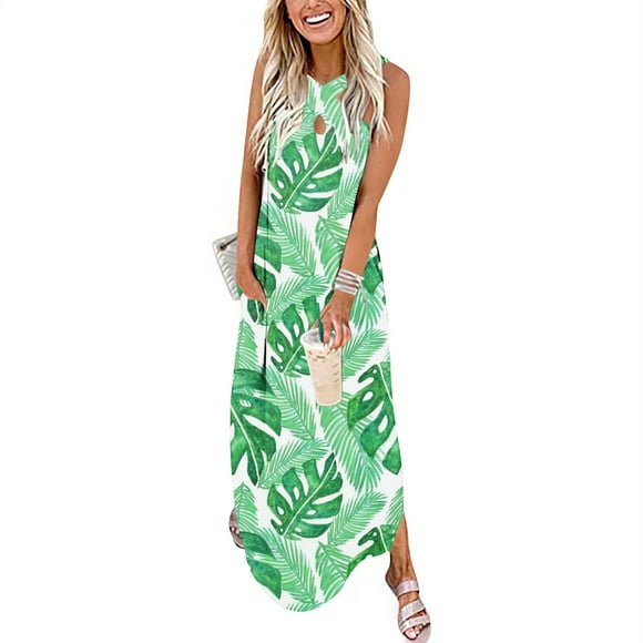 SMihono Summer Boho Maxi Dress for Women Plus Size Women's Printed Sleeveless Cross Front Neck Long Dress Beach Swing Sundress