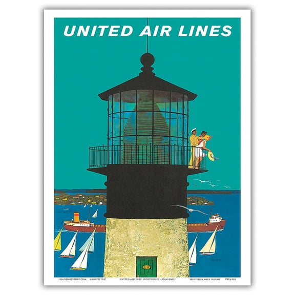 Lighthouse and Sailboats - United Air Lines - Vintage Airline Travel Poster by Stan Galli c.1960s - Master Art Print (Unframed) 9in x 12in