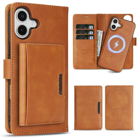 Allytechgroup 3 in 1 Wallet Case for Apple iPhone 16, Detachable Back Cover & Cards Holder Compatible with Mag-safe Shockproof RFID Blocking Stand Phone Case for iPhone 16, Brown