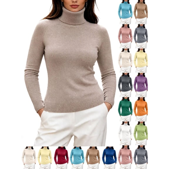 Hzzrkos Womens Turtleneck Knit Sweater Long Sleeve Pullover Top Soft Stretchy Ribbed Cuff Casual Lightweight Knitwear for Daily Wear Work Travel Outdoor Activities Beige L