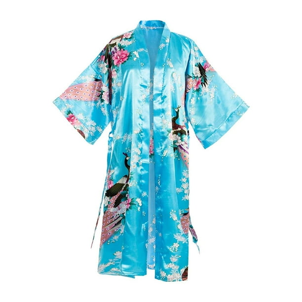 Asian Home Asian Home Flower Peacock Satin Silk Kimono Robe Dressing Gown Bridal T Blue 0111