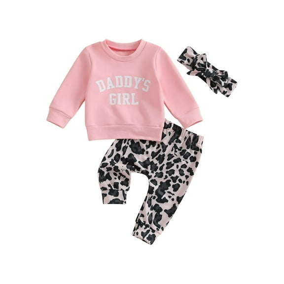 Bagilaanoe 3PCS Baby Girl Pants Set Toddler Letter Print Long Sleeve Sweatshirt Tops   Leopard Sweatpants   Headband 6M 12M 18M 24M 3T Kids Casual Sweatsuits
