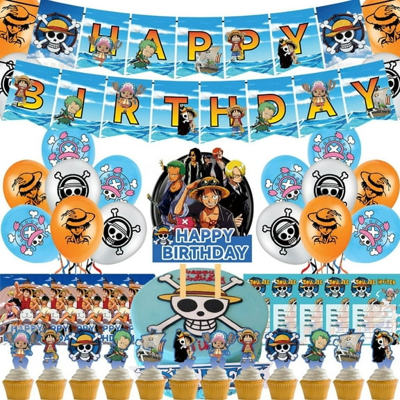 Cartoon One Piece themed birthday party supplies decorations, including birthday banners, balloons, invitation cards, cake decorations, suitable for boys and girls theme party sets