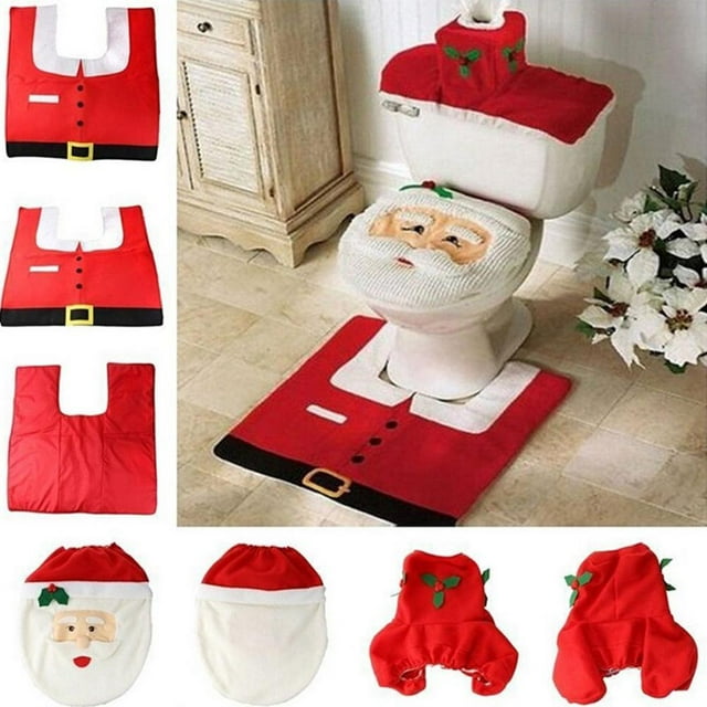 Tapa De Inodoro Juego de baño con alfombra de papel y cubierta de asiento de inodoro de Papá Noel con decoración navideña (01)