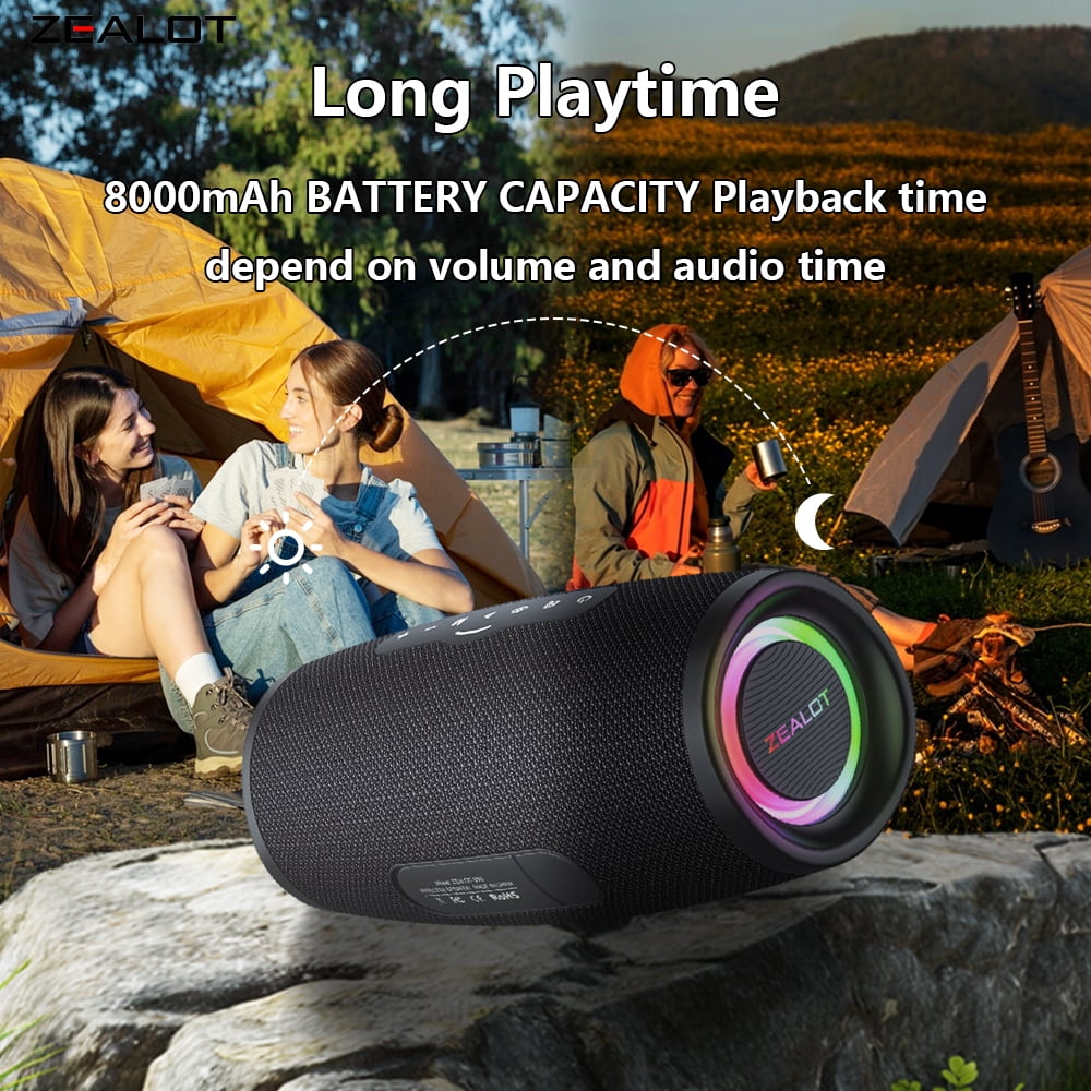 ZAELOT S56 Portable Bluetooth Speaker: IPX6 Waterproof, 40W Loud Sound, Deep Bass, Bluetooth 5.3, LED Lights, Wireless Stereo Pairing, 24H Playtime, for Home/Outdoor/Party/Beach, Birthday Gift (Black
