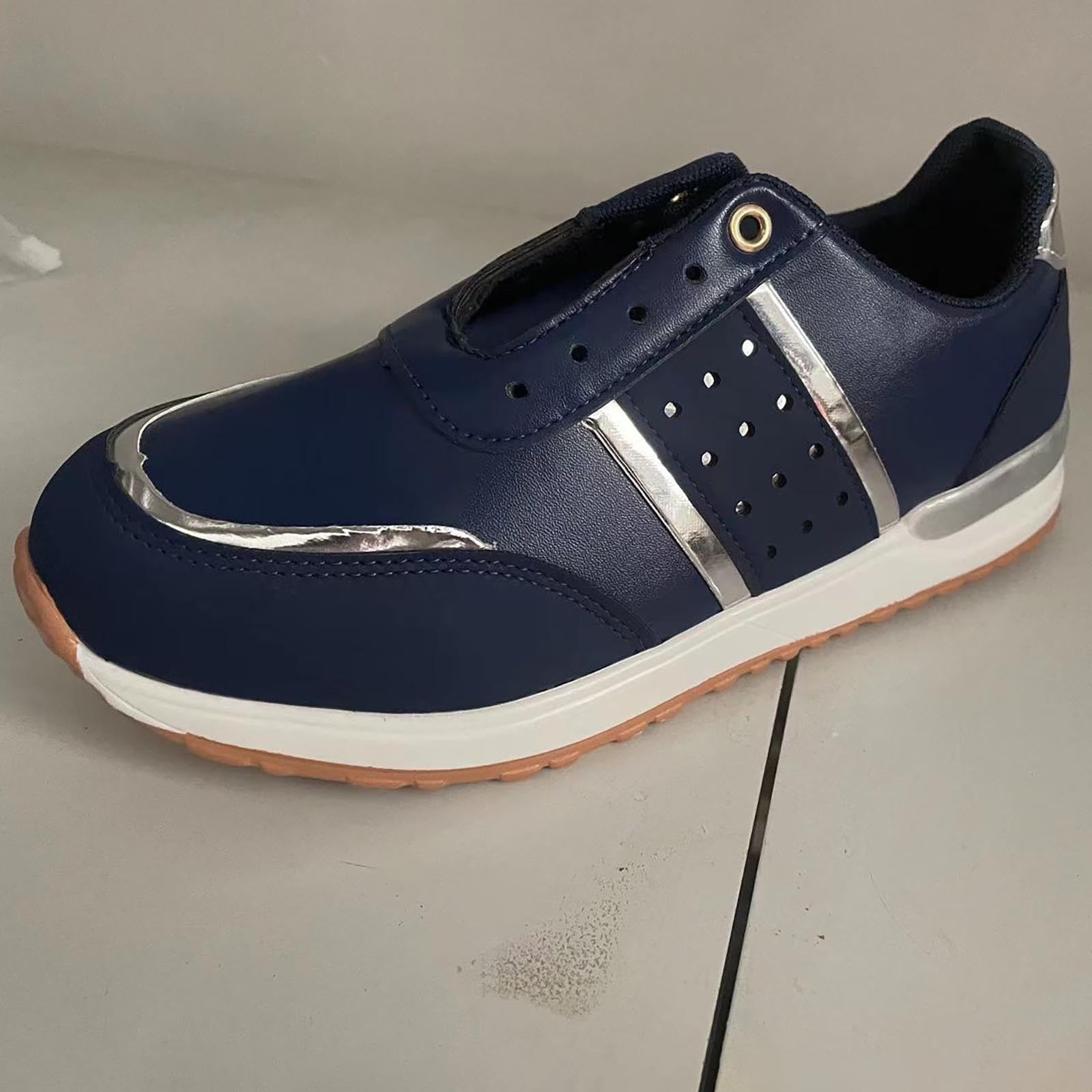 Sneakers for Women Round Thick Sole Low Top Stitching Outdoor Sports Lace Up Comfortable Casual Shoes Blue US Size 5.5