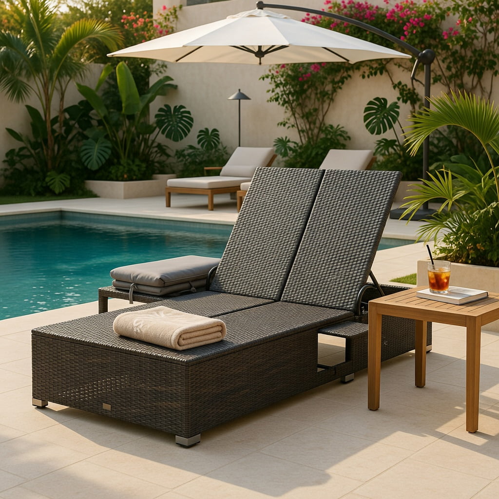 Hommoo Double Chaise Lounge with Adjustable Backrest, Retractable Canopy & Folding Side Tables, PE Rattan Outdoor Patio Lounger for 2, Gray