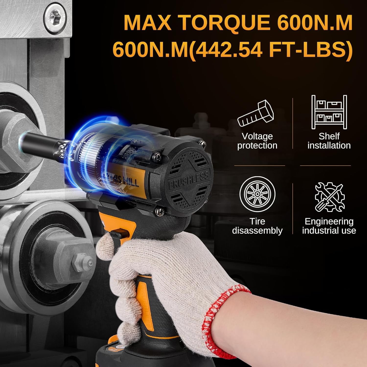 45PCS Cordless Impact Wrench,600Nm(443Ft-lbs),1/2 Inch Brushless lmpact Driver Set,w/Two 4.0Ah Battery,17 Sockets,High Torque Power Impact Gun for Car Home