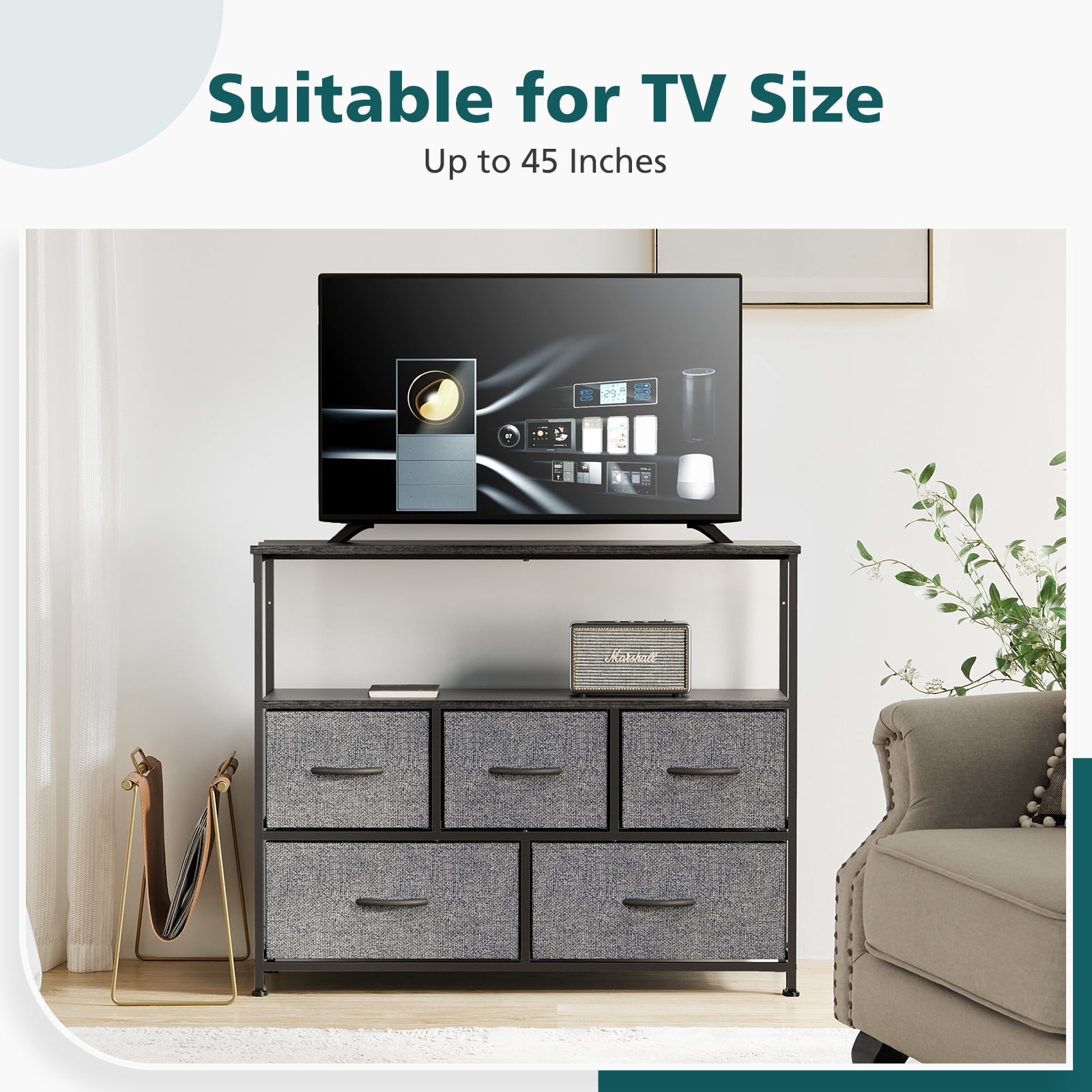 Aukfa 5 Drawer Dresser,Wide Chest of Drawers for Bedroom with Metal Frame for TV,Gray