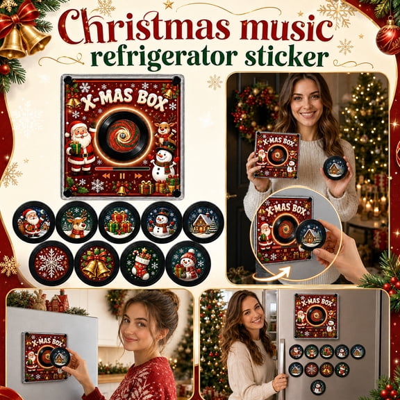 Christmas Magnetic Fridge Vinyl Music Box,Nfc Music Player With Led Warm Light,9 Pcs Mini Vinyl Record Fridge Magnets,Sensing Christmas Music Box Decor
