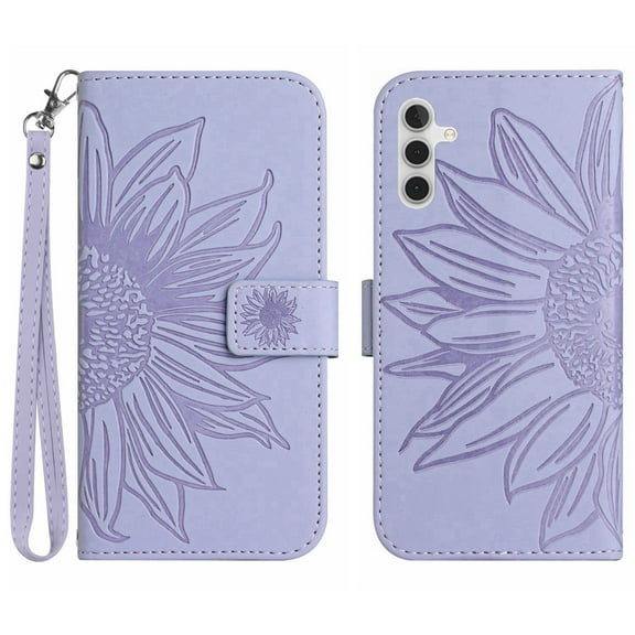 Allytech Wallet Case for Samsung Galaxy A54 5G 6.4" - Premium PU Leather Sunflower Embossed Cards Slots Holder Wallet Kickstand Hand Wrist Cover Case for Samsung Galaxy A54 5G - Lightpurple