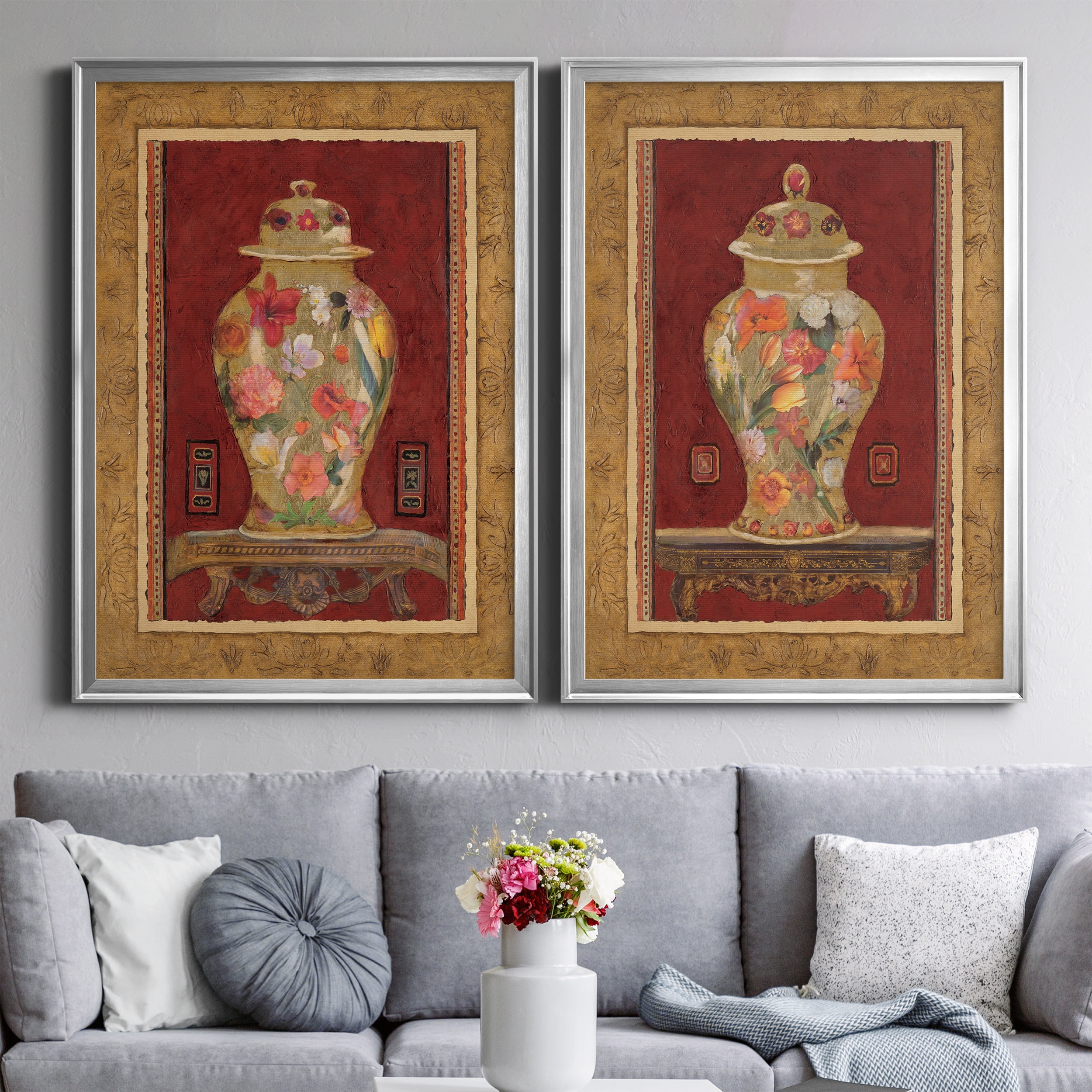 2 Piece Set Romantic Urn I Premium Framed Canvas - Ready to Hang - 26.5 x 36.5 Each - Silver Frame