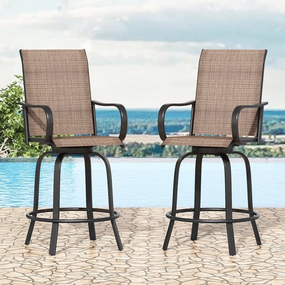 STARY Outdoor Bar Stools Set of 2, Swivel Patio Barstools with Textile Fabric,Ergonomic Comfort Bar Height Tall Outdoor Stools for Balcony,Brown