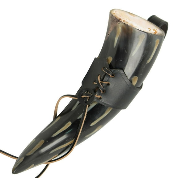Armory Replicas Medieval 100% Natural Cow Drinking Horn with Black Holder Decorated with distinctive fire-burned designs Premium leather holder with black finish