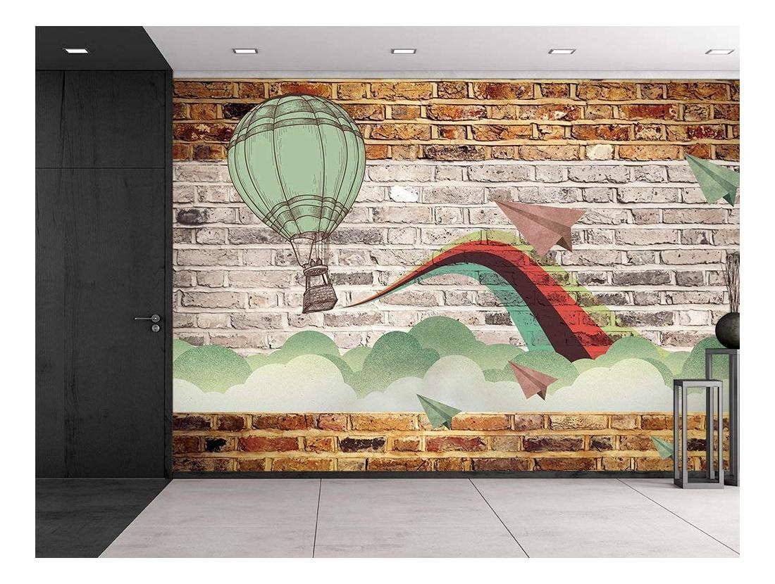 Wall26 Faux Brick Wall Pattern With Painted Mural Whimsical Hot Air Baloon And Paper Airplanes Design Breaking Through Clouds Wall Mural Removable Sticker Home Decor 100x144 Inches Walmart Com Walmart Com