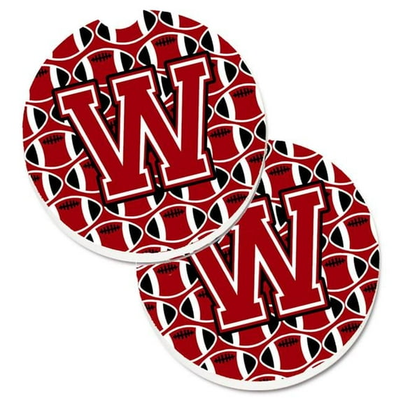 Letter W Football Red with Black & White Set of 2 Cup Holder Car Coaster