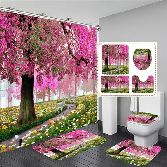 Pink Big Tree Flower Garden View Shower Curtain Bathroom Set Flowers Bath Curtains Non Slip Toilet Cover Floor Mat Rug Sets