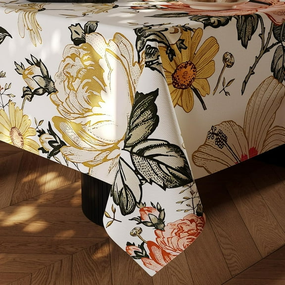 Spring Table Cloth Rectangle - 60 x 84 Inch White Floral Printed Tablecloths Spillproof Wrinkle Resistant Soft Polyester Oblong Table Cover