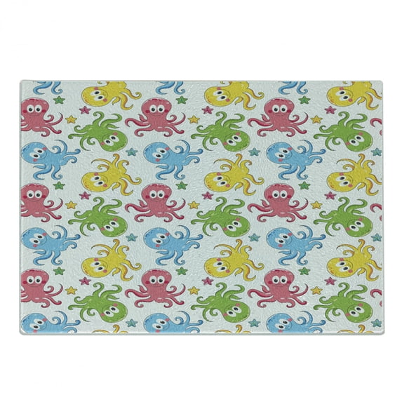 Octopus Cutting Board, Cheerful Chipper Animals in the Ocean with Starfishes Nautical Cartoon, Decorative Tempered Glass Cutting and Serving Board, Small Size, Multicolor, by Ambesonne